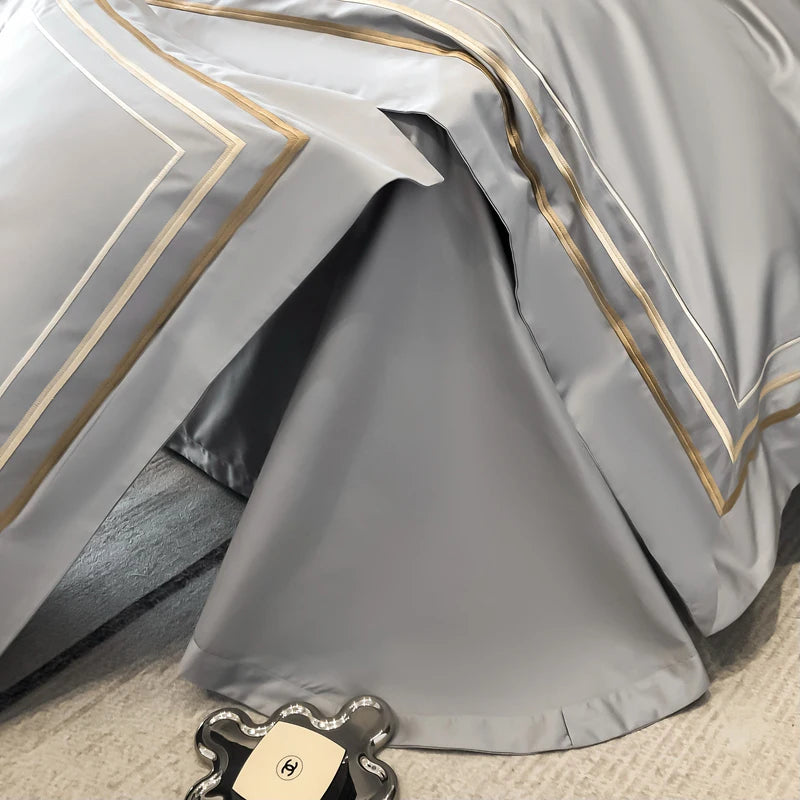 Hotel Style Bedding Set Luxury Golden Embroidery Duvet Cover Grey Egyptian Cotton Bed Sheets Pillowcases Solid Color Bedclothes Pi-Mart