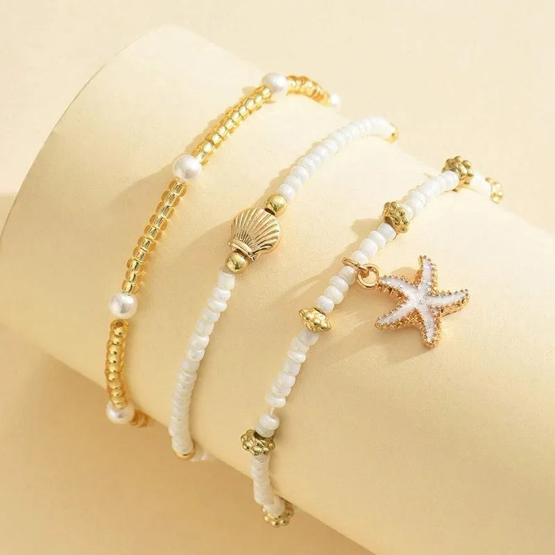Summer Bohemian Style Starfish Shell Millet Bead Ankle Chain Three-Layer Set Beachy Elegant Foot Jewelry Accessory Pi-Mart
