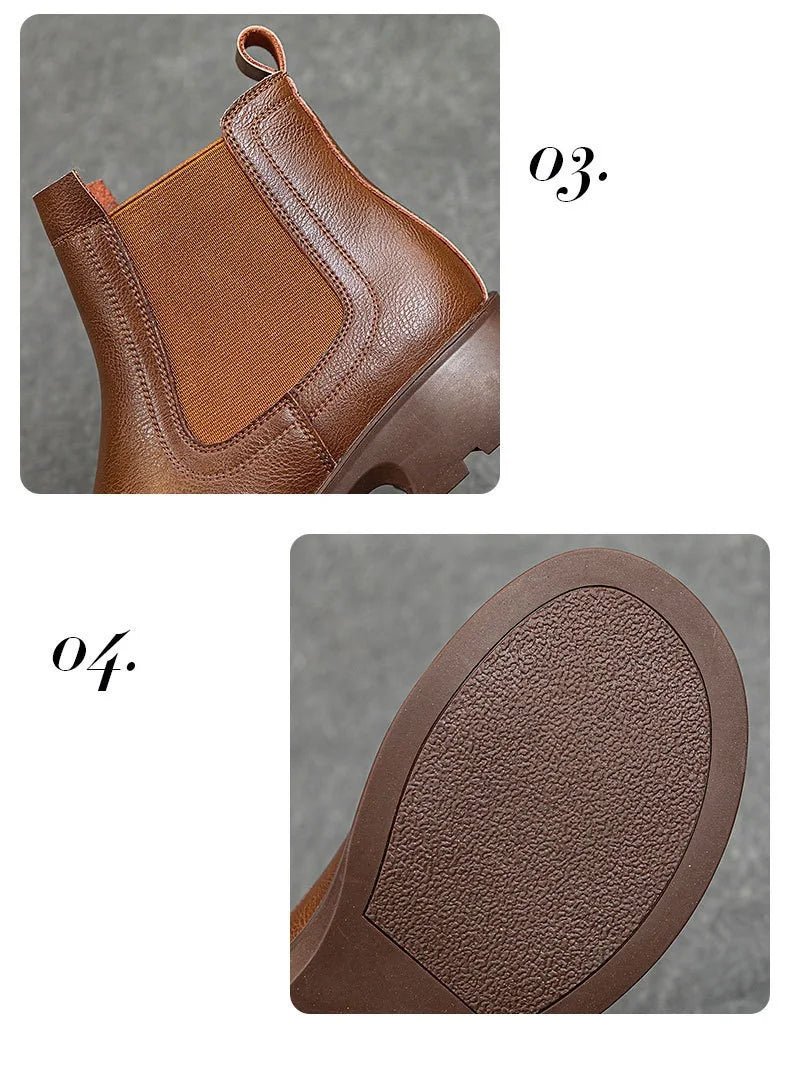 DRKANOL Fashion Women Thick Heel Ankle Boots Autumn Winter Warm Shoes Round Toe Real Cowhide British Style Slip On Chimney Boots Pi-Mart