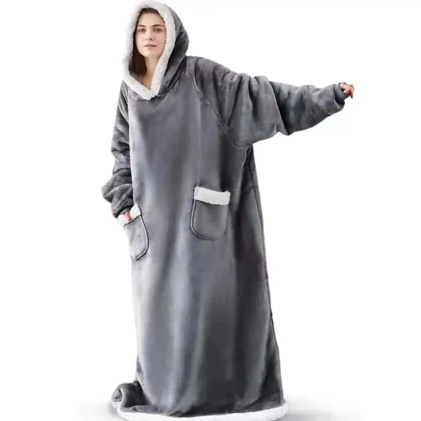 180cm Super Long Flannel Blanket Pyjamas with Sleeves Winter Hoodies Sweatshirt Women Men Pullover Fleece Giant Oversized Outdoo Pi-Mart