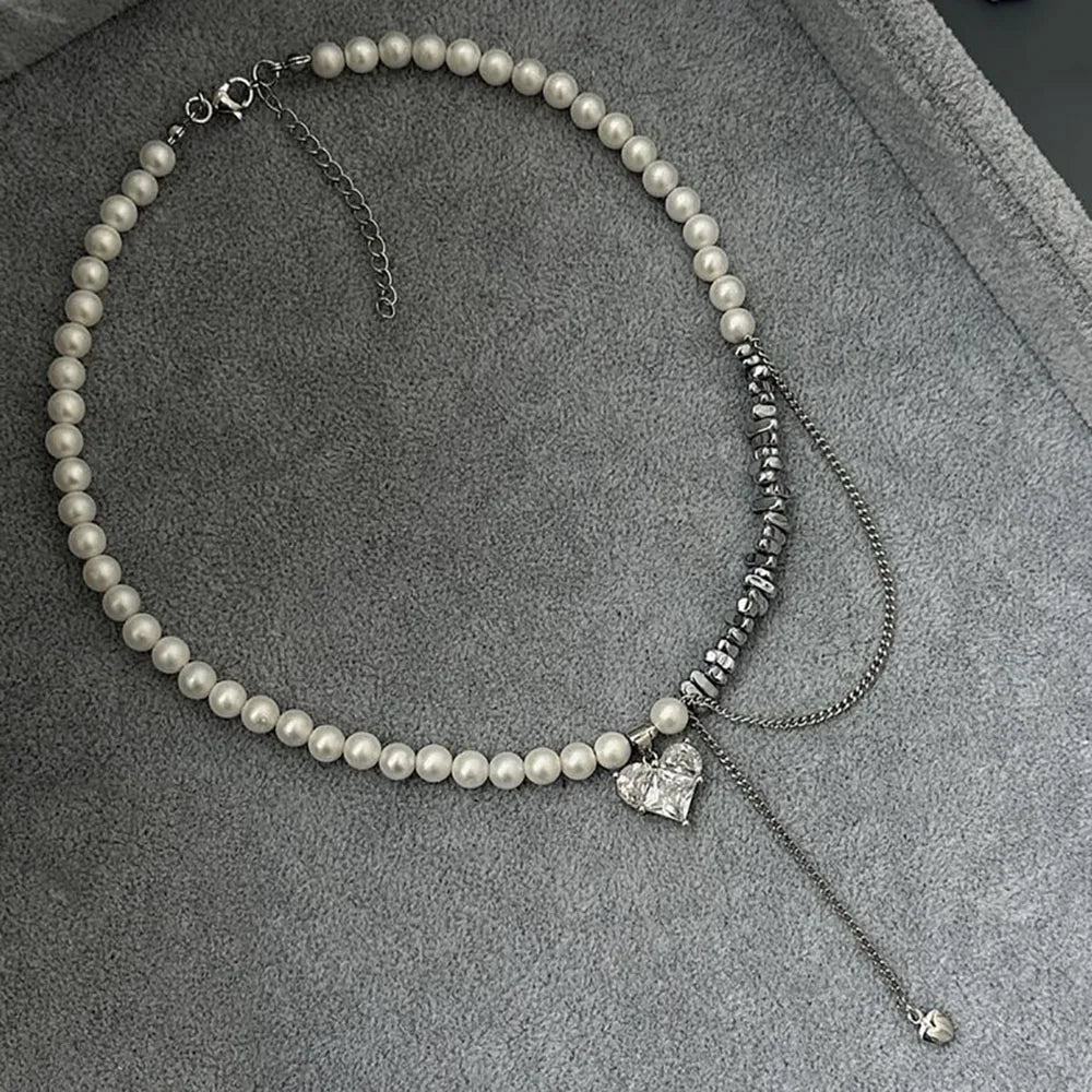 New Irregular Choker Vintage Tassels Zircon Heart Pendant Necklace For Women Female White Imitation Pearl Chain Valentine's Gift Pi-Mart