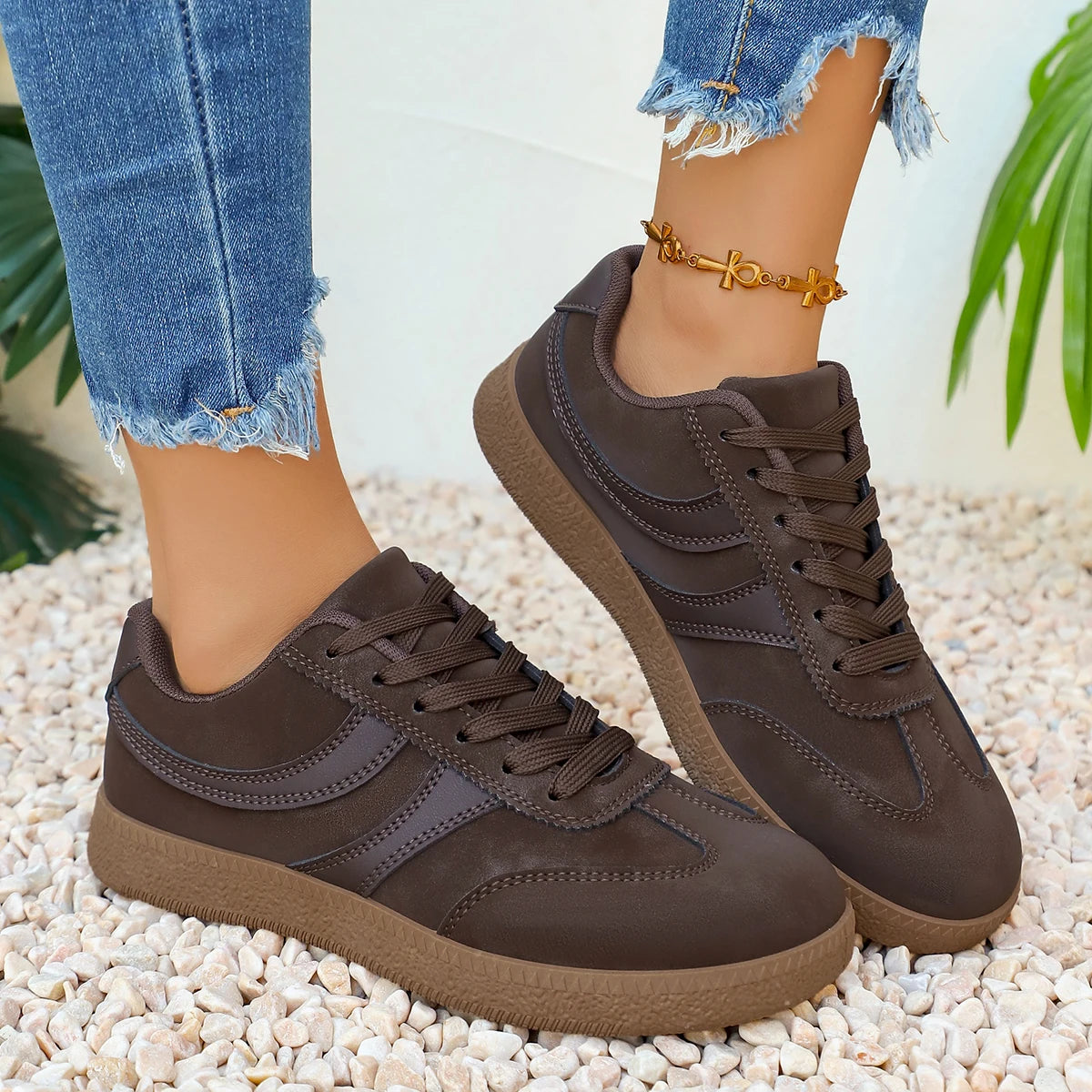 Retro Brown Platform Sneakers Women 2026 Flat Trend German Training Shoes Woman Plus Size 43 Non-slip Thick Sole Vulcanize Shoes Pi-Mart