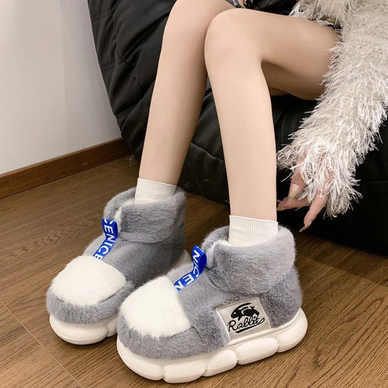 2025 Women's Winter Warm Shoes Plush Lining Indoor Slippers Couples Platform Heel High Top Snow Boots Female Male Home Slipper LadyShow.Store