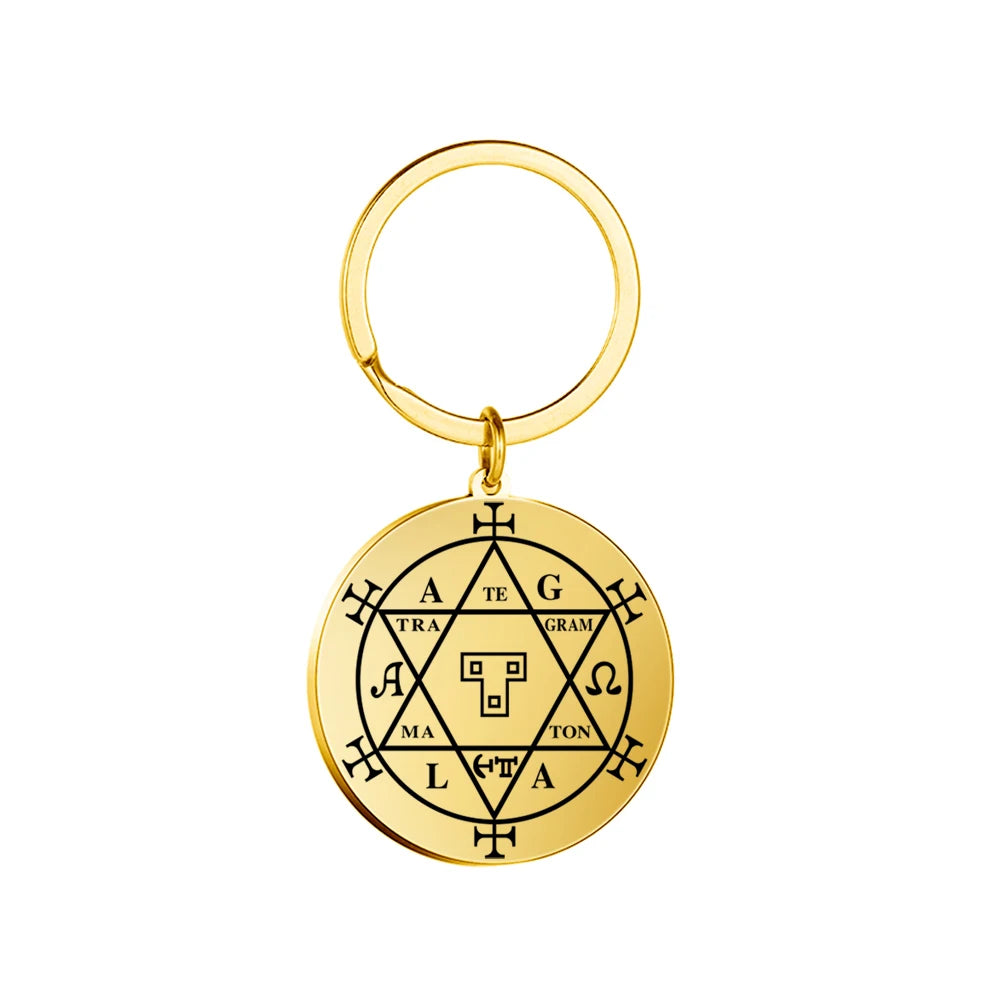 Dawapara Protection Secret Seal of Solomon Pendant Keychain Witchcraft Hexagram Wealth Fortune Amulet Stainless Steel Jewelry Pi-Mart