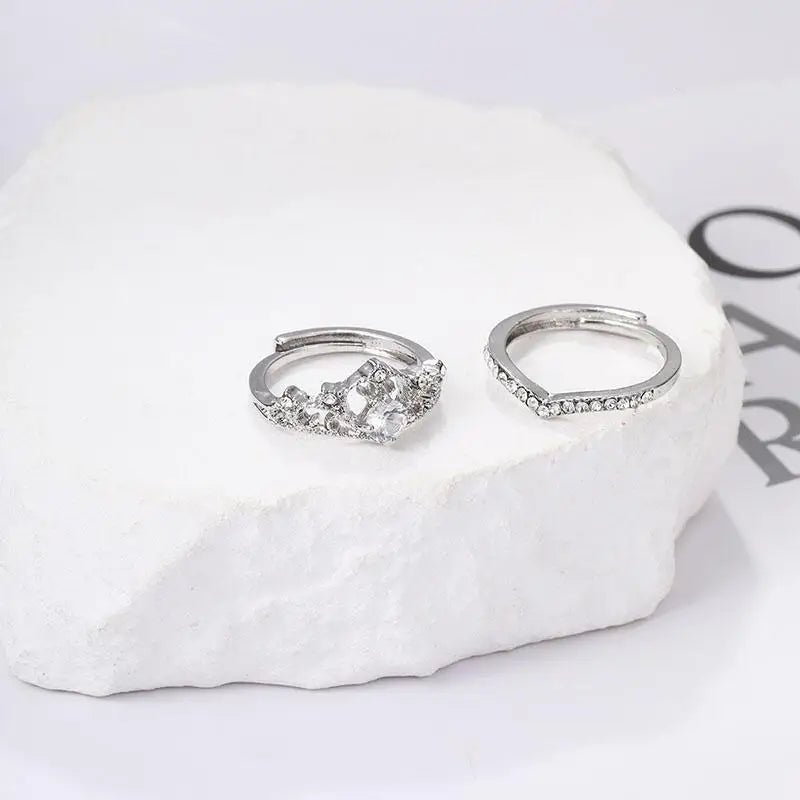 2PCS Fairy Sparkling Crown Rings for Women Teen Crystal Korean Adjustable Silvery Anniversary Gift Party Queen Ring Set Jewelry Pi-Mart