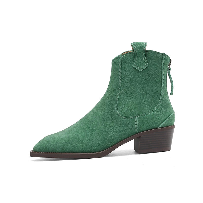 New 2025 Trend Autumn Winter Cow Suede Women Western Boots Black Brown Khaki Purple Green Burgundy Pointed Toe Lady Ankle Boots Pi-Mart