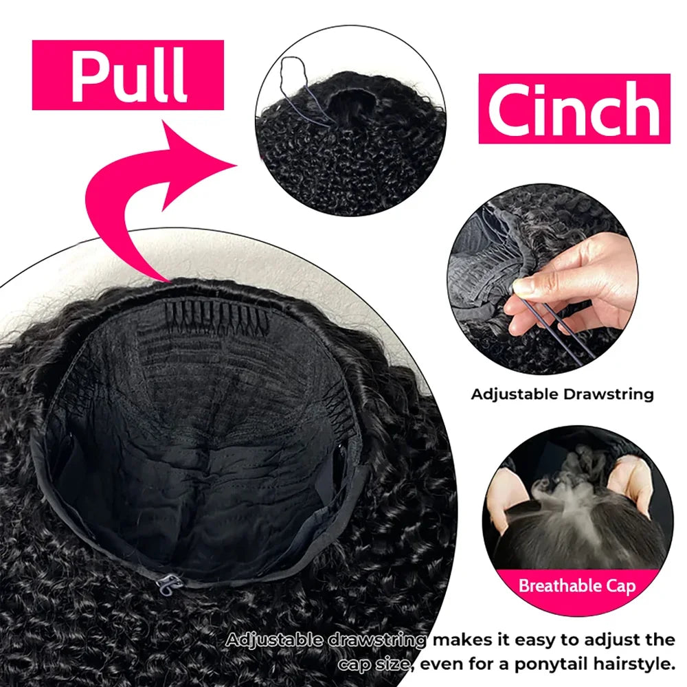 16 Inch 3 IN 1 Half Wig With Drawstring Seamless Human hair Wig Kinky Curly Headband Wig Upgrade for Women Summer Machine Wigs LadyShow.Store