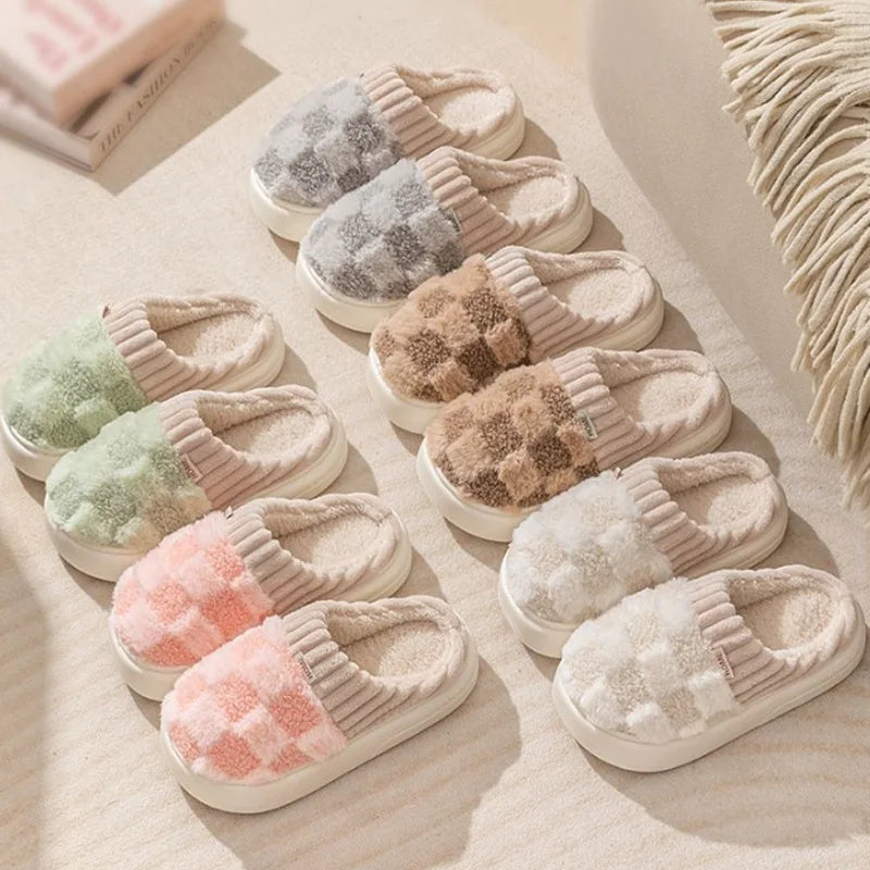 Fashion Couple Winter Slides Warm Plaid Fluffy Slippers Soft Sole Flip Flops For Women And Men Home Indoor Non-slip Cotton Shoes Pi-Mart