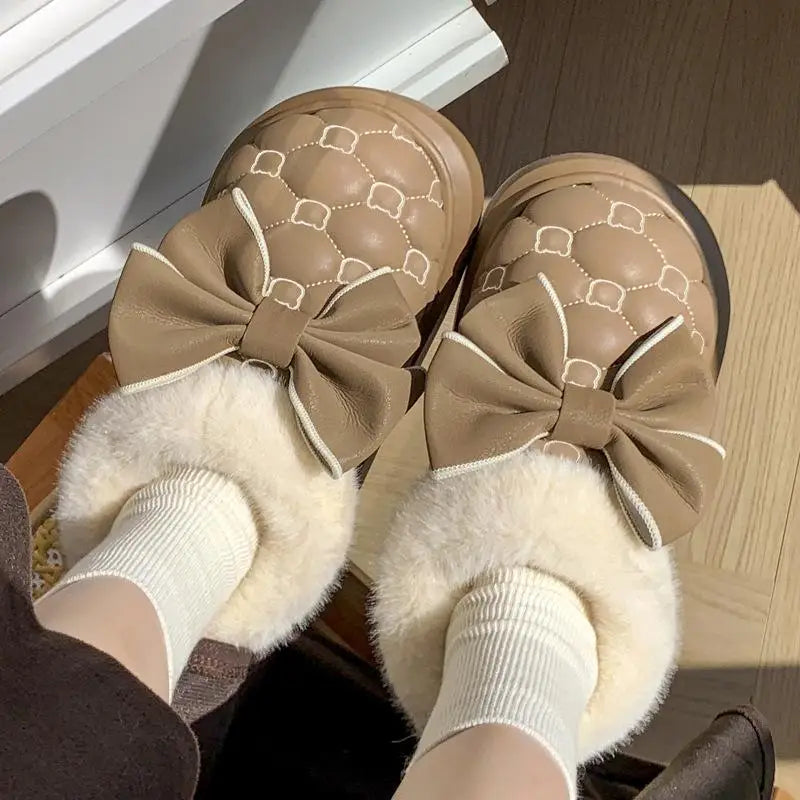 Platform Ankle Boots Female Bowknot Designer Winter Snow Booties Indoor Fluffy Slippers Women House Flats Fashion Footwear Warm LadyShow.Store