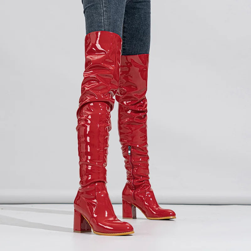 Hlieny 2026 Winter New Thigh High Boots Fashion Patent Leather Round Toe Zip Female Square Heels Pleated Design Women's Shoes Pi-Mart