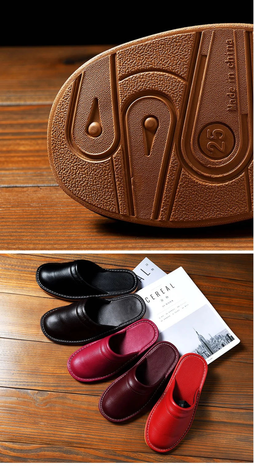 Luxury Men Leather Handmade Women Home Slippers Autumn Winter Plush Slip on Soft Black Brown Bedroom Indoor Flat Men Shoes Pi-Mart