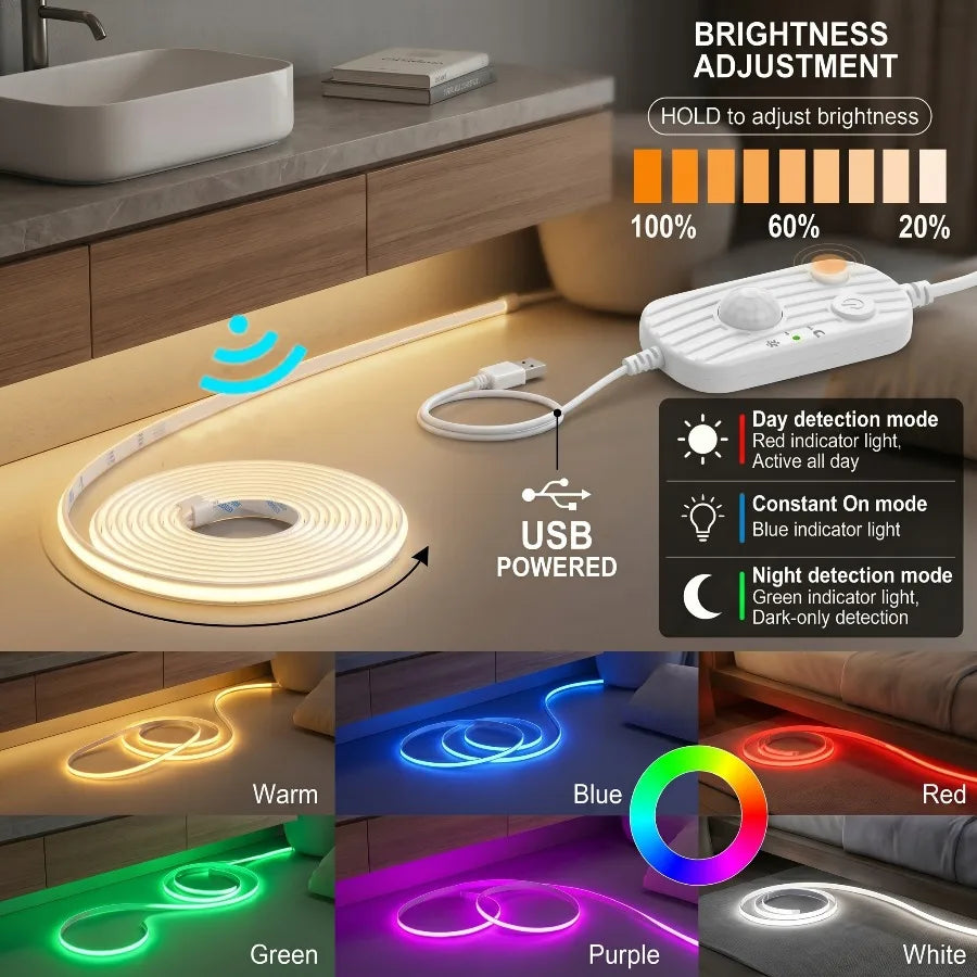 PIR Induction Dimmable 5V USB Adjustable COB Light Strip Motion Sensor Night Light Bathroom, Bedroom, Bed TV Lighting Decoration Pi-Mart