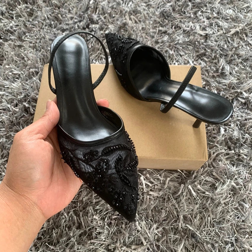 Black Embroidered Mesh Slingback High Heels Sandals for Women Designer Shoes Woman Elegant Style Wedding Party Pumps LadyShow.Store