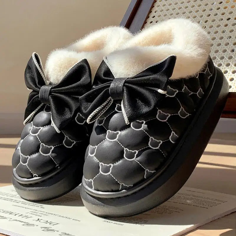 Platform Ankle Boots Female Bowknot Designer Winter Snow Booties Indoor Fluffy Slippers Women House Flats Fashion Footwear Warm LadyShow.Store