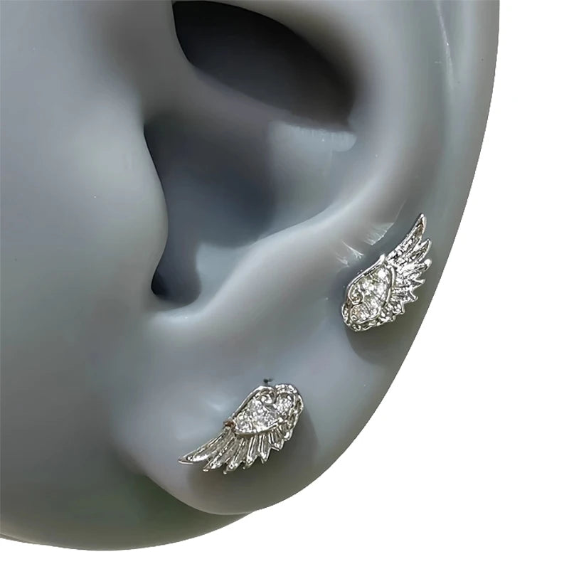 Fashion Zircon Wing Stud Earrings for Women Luxury Shiny Crystal Creative Angel Wings Cross Silver Color Ear Studs Jewelry Gifts Pi-Mart