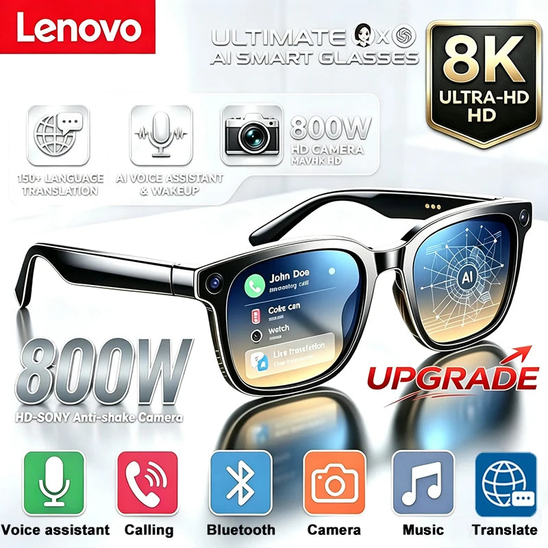Lenovo Upgrade Smart AI Glasses 800W HD 8K Shooting Camera Photo Video Voice Call Translation Bluetooth AI Motorcycle Glasses Pi-Mart