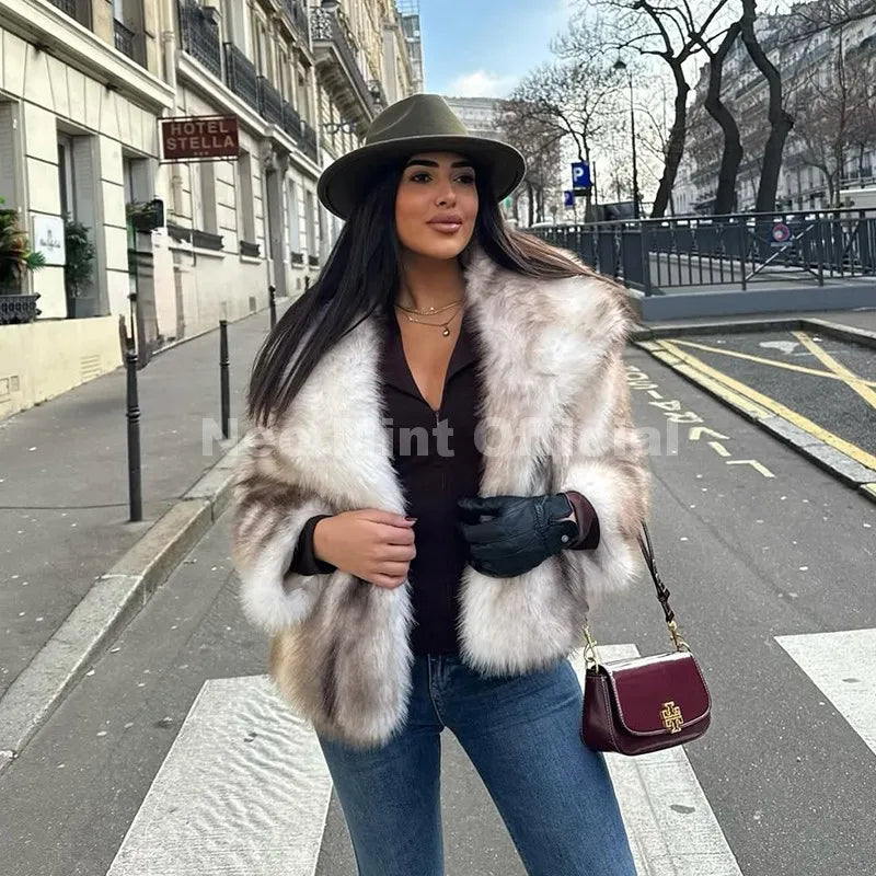 Neo Mint 2025 Winter Exclusive Striped Faux Fur Jacket Women Overcoat Brand Blogger Fashion Fluffy Fox Fur Collar Coat Outerwear LadyShow.Store