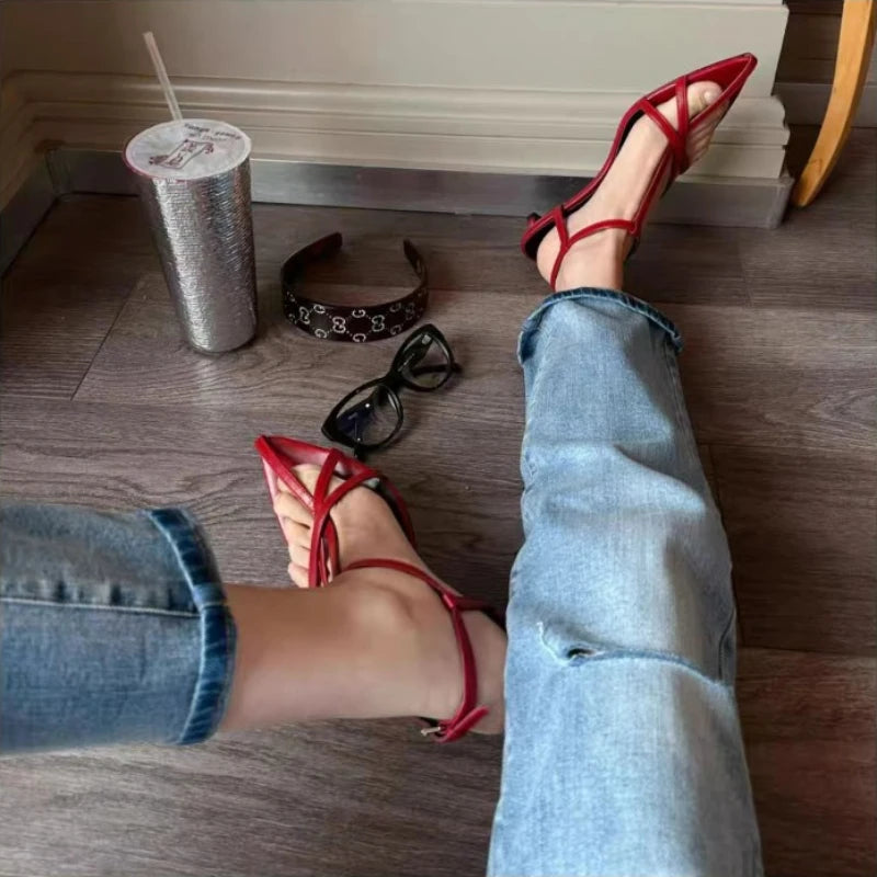 Women Sandal Summer New Fashion Narrow Band Ladies Gladiator Shoes Thin Low Heel Ankle Strap Dress Party Shoes Pi-Mart