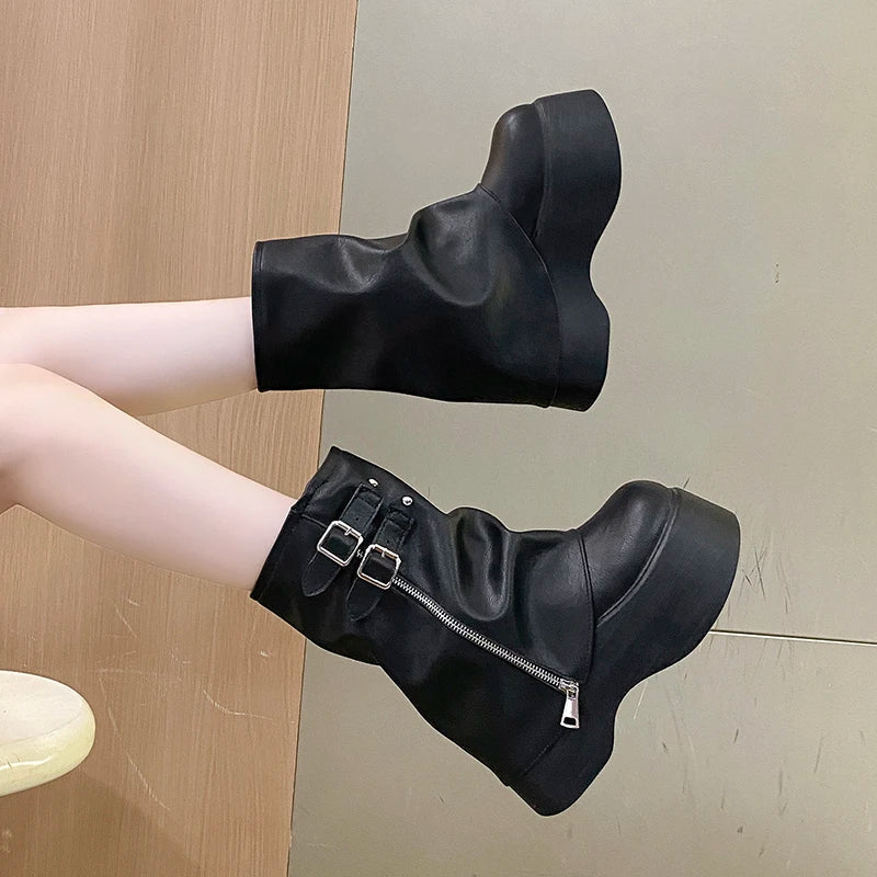 Soft Leather Ankle Mid Calf Boots Winter Autumn High Platform Wedge British Booties Woman New Ladies Chunky Motorcycle Boots 9CM LadyShow.Store