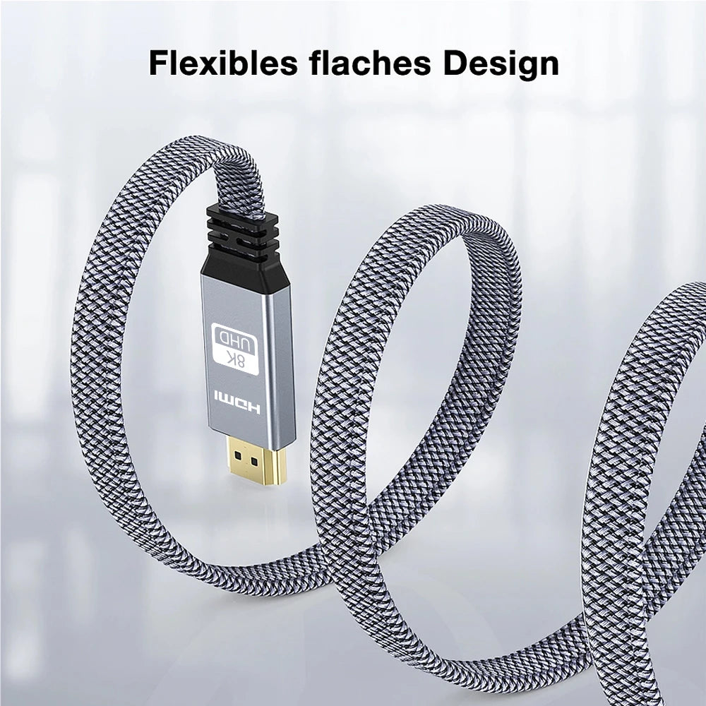 8K HDMI Flat Cable 48Gbps High Speed 8K60 4K120 144Hz Braided HDMI 2.1 Cord 3D eARC HDCP 2.2&2.3 Compatible with Roku TV/PS5 Pi-Mart