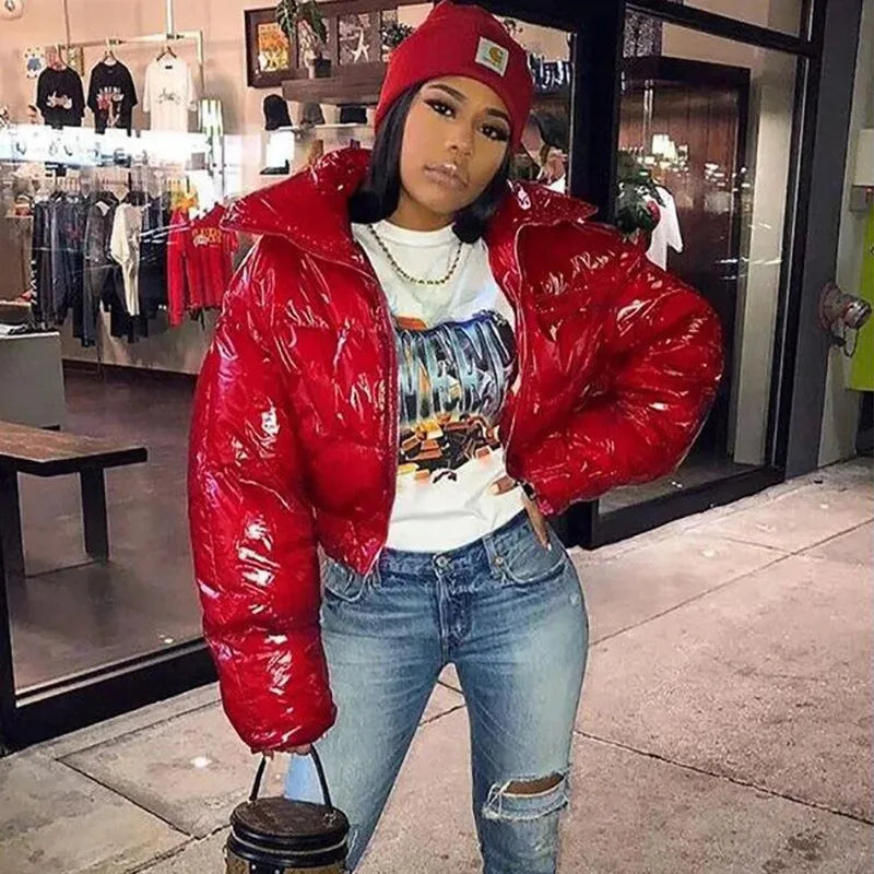 Fashion Cute Women Bright PU Pink Puffer Jacket Winter Warm Bubble Coats Shiny Leather Parkas Down Zipper Cropped Jackets Parkas LadyShow.Store