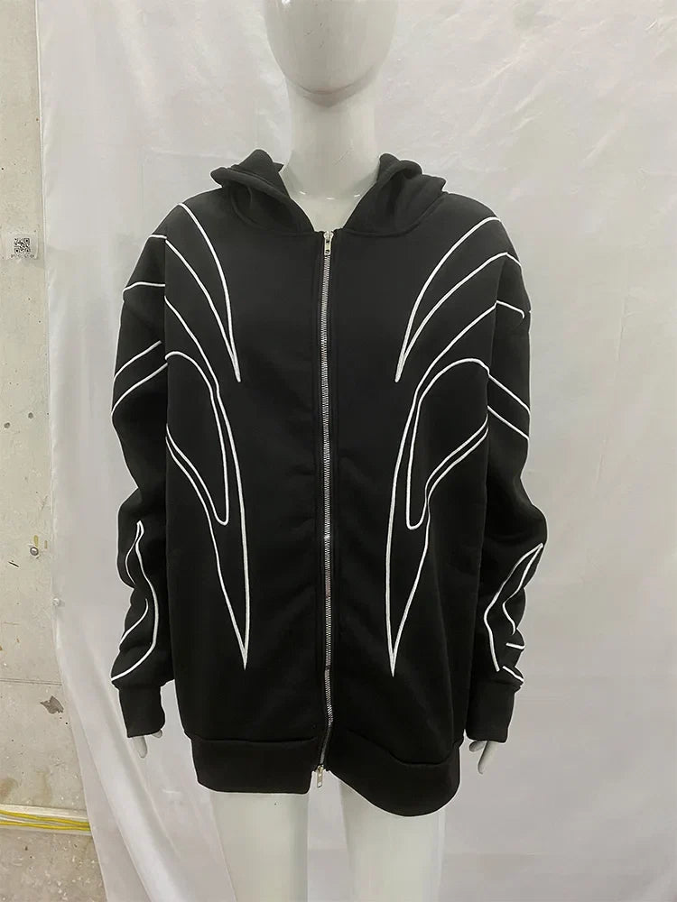 Street Retro Fashion Clothing Striped Embroidered Black Double Zipper Hoodie American Hip-hop Punk Oversized Sweatshirt women LadyShow.Store