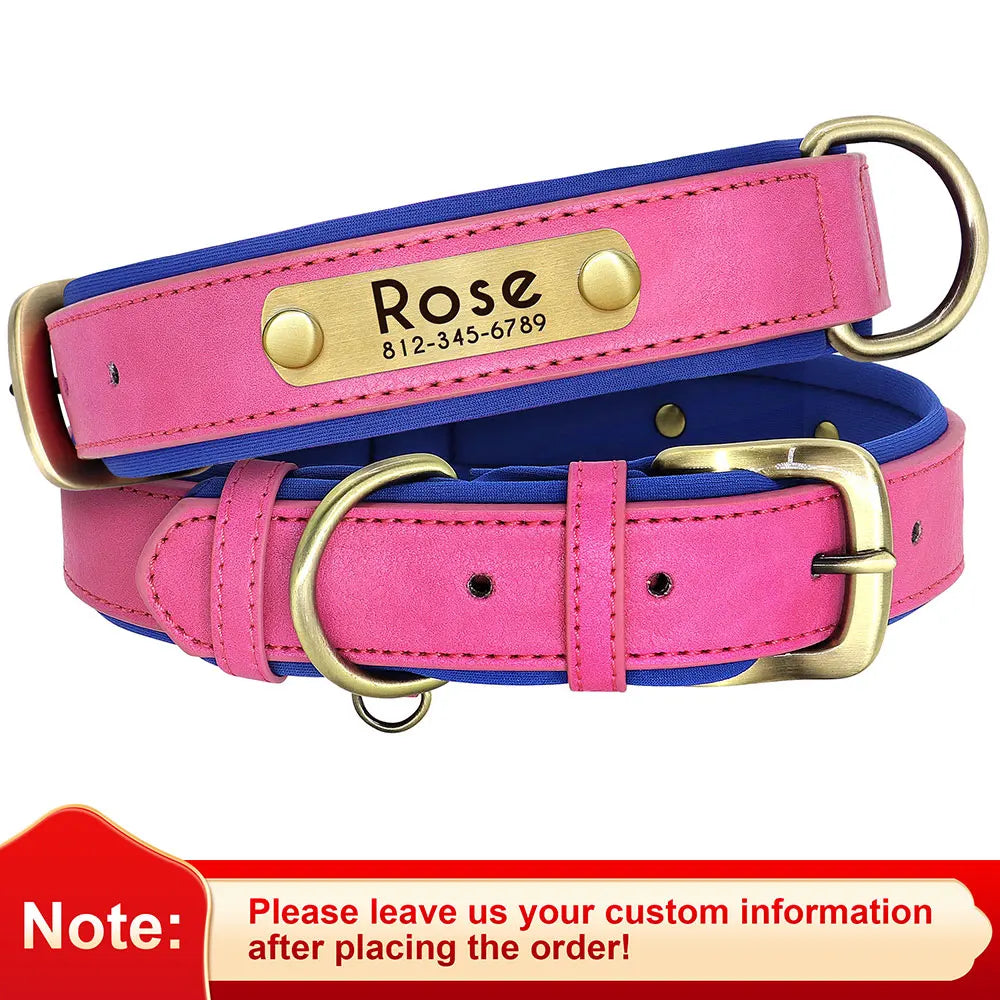 Customized PU Leather Nameplate Dog Collar Soft Padded Dogs Collars Free Engraving Name for Small Medium Large Dogs Adjustable LadyShow.Store