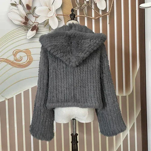 Real Rabbit Fur Hooded Coat Long Sleeve Women Casual Loose Knitted Genuine Fur Jacket With Hood Female Natural Fur Outwear LadyShow.Store