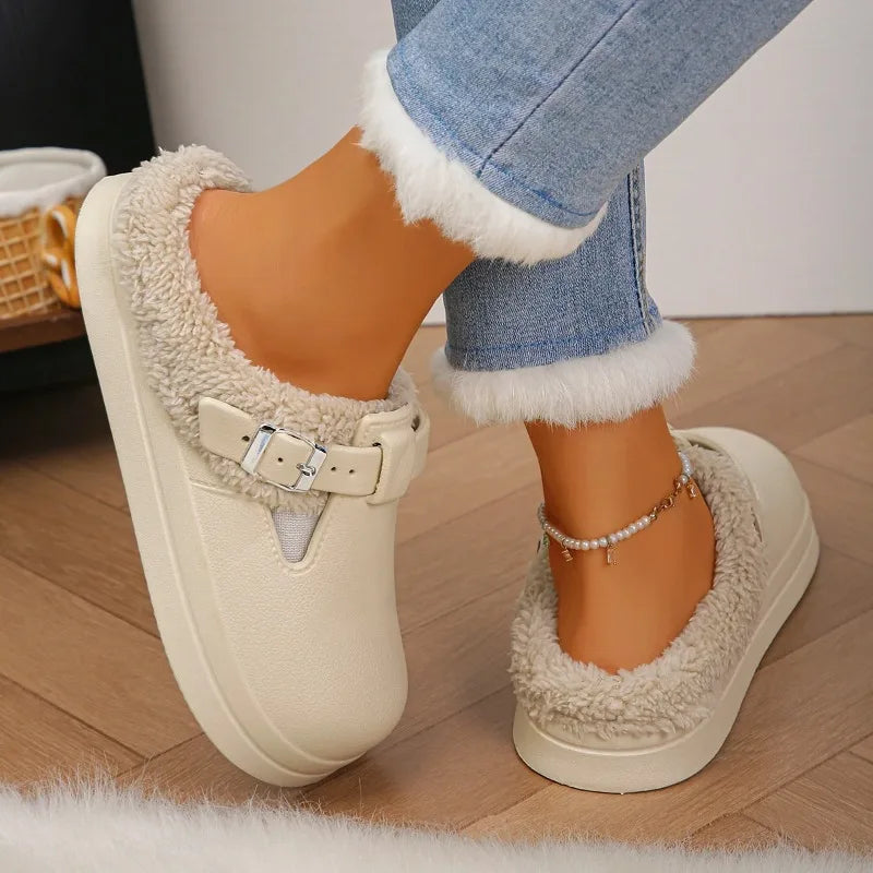 Waterproof Eva Furry Mules Slippers Women 2025 Winter Metal Buckle Warm Plush Slippers Soft Thick Bottom Non Slip Indoor Slides LadyShow.Store