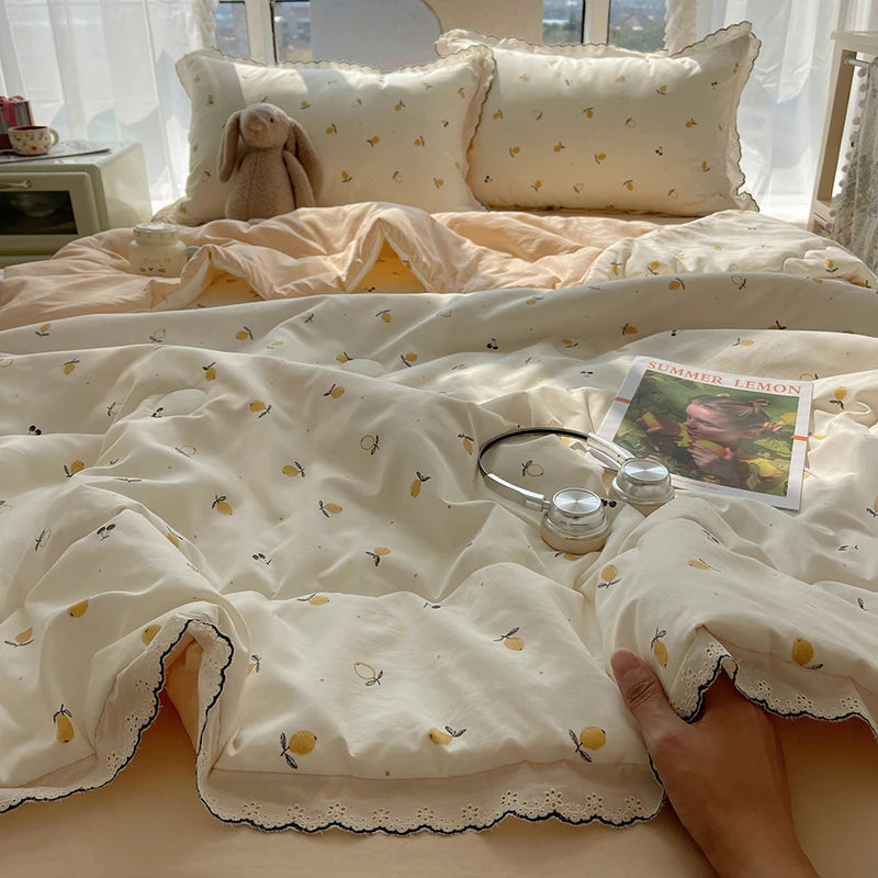 Summer Quilt Korean Style Duvet with Lace Single/Queen Size Comforter Flower Printed Quilted Blanket 여름이불 (No Pillowcase) Pi-Mart