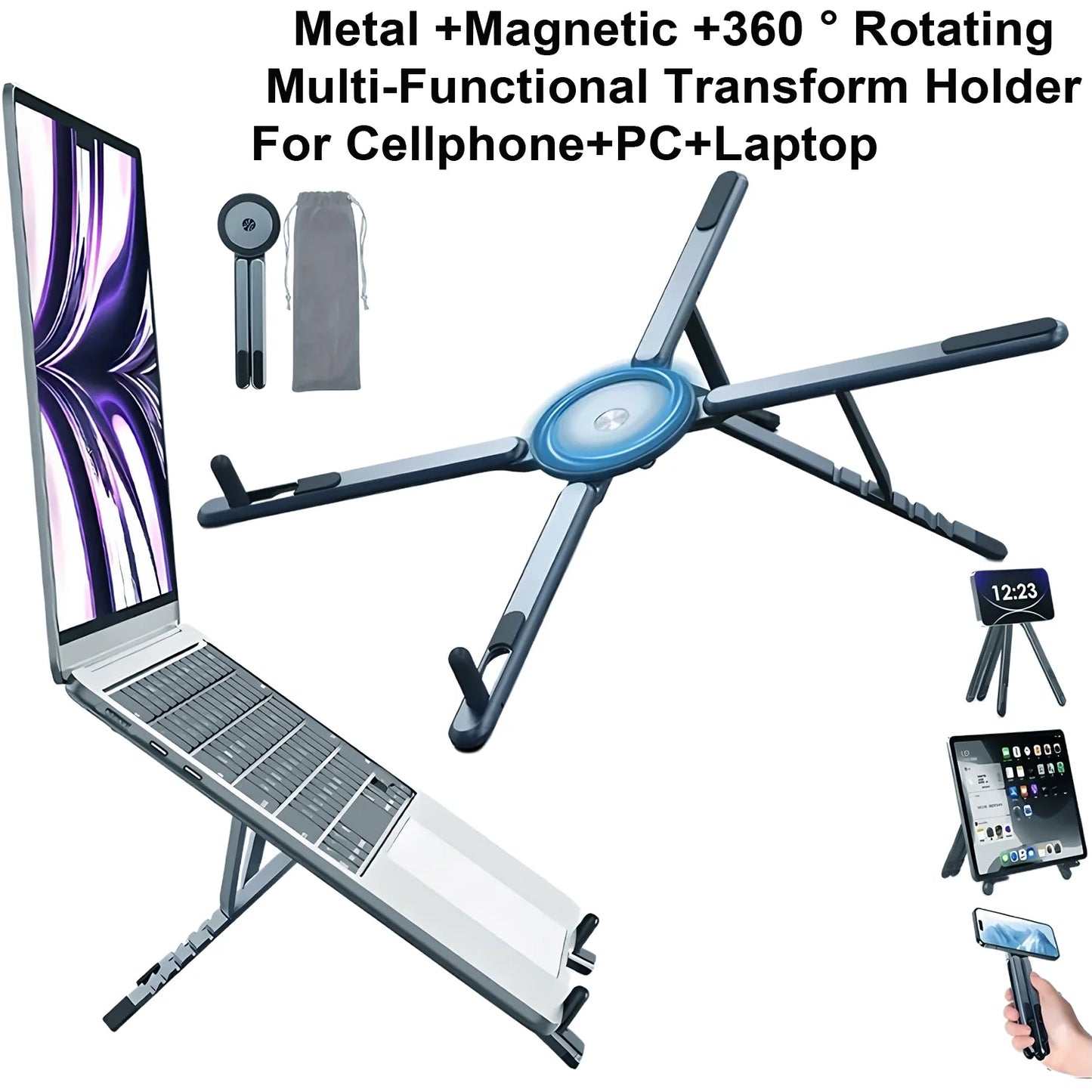 Portable Magnetic Phone Holder & Selfie Stick 3-in-1 Foldable Tripod Stand for iPhone iPad Tablet Laptop Desktop Use Pi-Mart