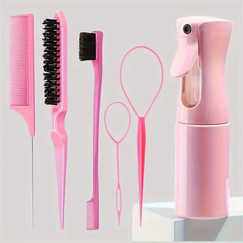 6pcs/Set Hair Brush Set Hairdressing Spray Bottle Hair Braiding Loop Rat Tail Comb Teasing Hair Brsuh Edge Control Hair Brush Tri Light Beauty