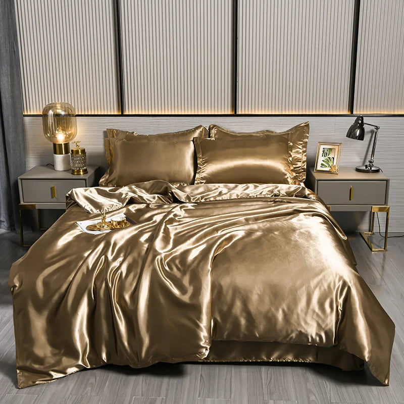 A/B Double-Sided Color Bedding Set Silky Satin Duvet Cover Bed Sheet Pillowcase Luxury Bedsheet King Queen Double Twin Size LadyShow.Store