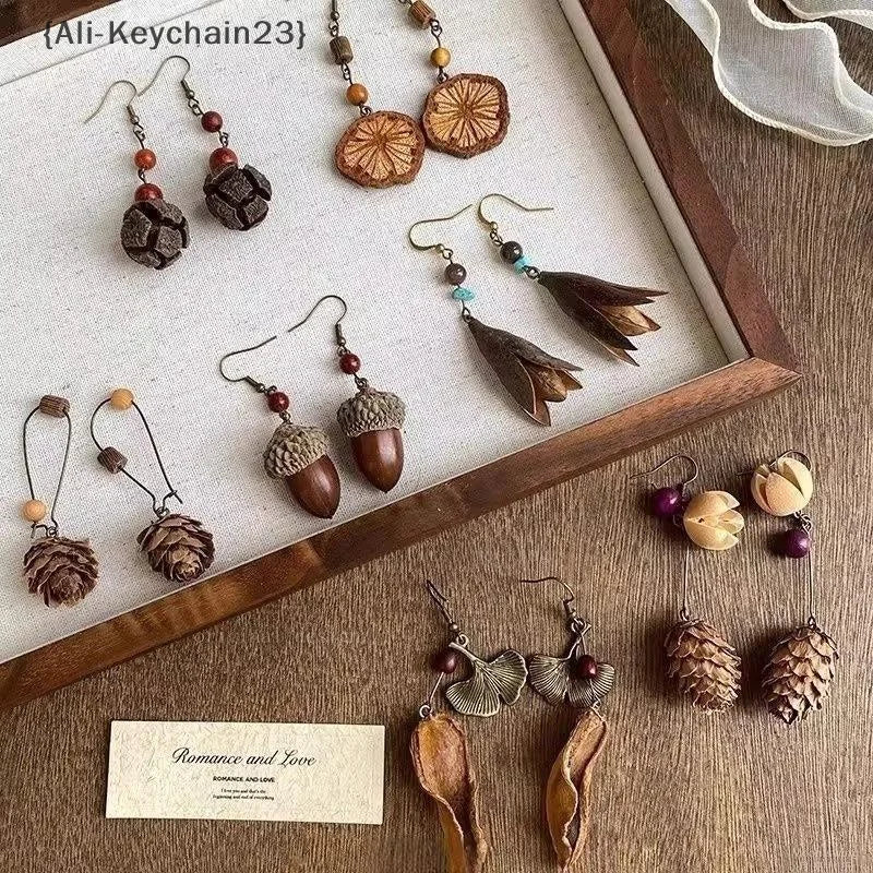 1Pair Vintage Wooden Plant Earring For Women Creative Natural Plant Dried Fruits Drop Earrings Ethnic Jewelry Pi-Mart