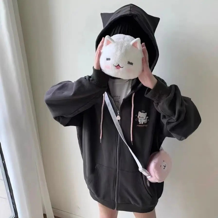Zipper Hoodie Gothic Cartoon Kawaii Cat Ear Y2k Jacket Zip Up Thin Coat Spring Autumn Cute Core 2000s Clothes Fall Sweatshirts LadyShow.Store