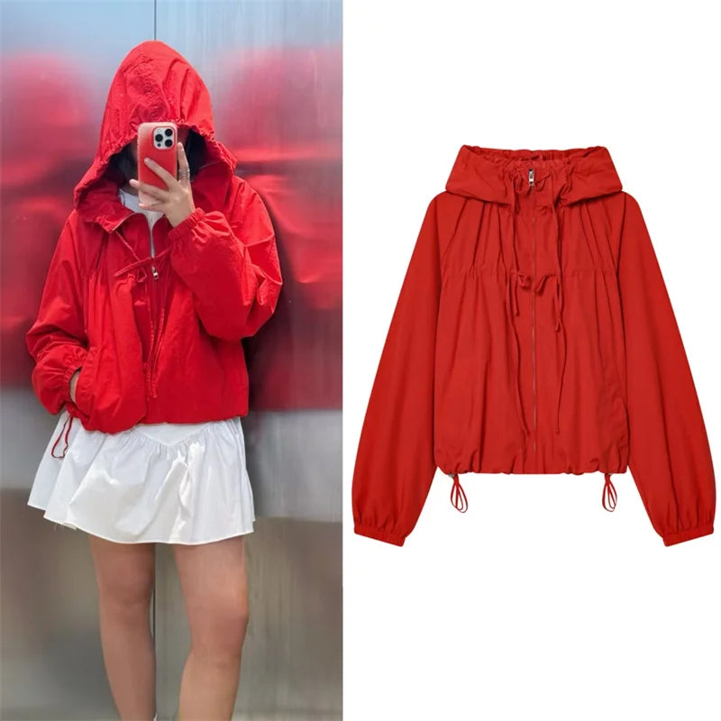 Women's Jacket 2026 Autumn New Red Long-Sleeve Drawstring Decorative Festive Hoodie Zipper Cardigan Casual Fashion Versatile Pi-Mart