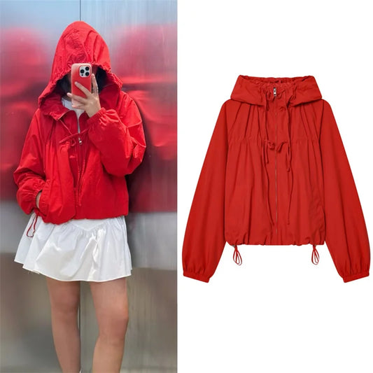 Women's Jacket 2026 Autumn New Red Long-Sleeve Drawstring Decorative Festive Hoodie Zipper Cardigan Casual Fashion Versatile Pi-Mart