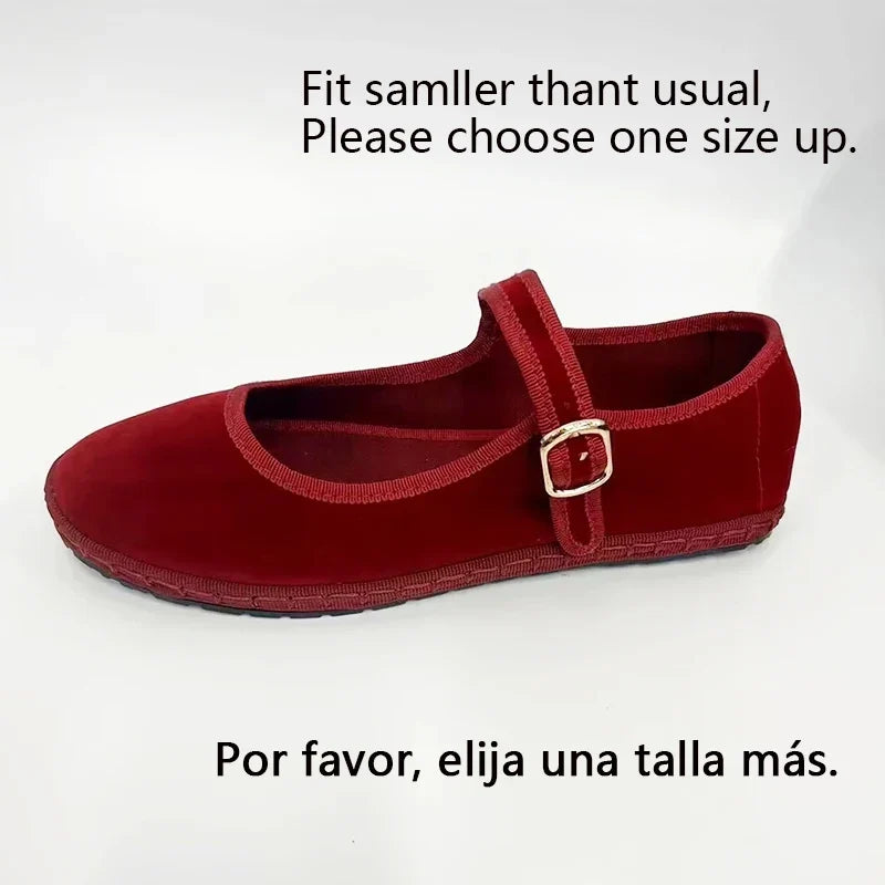 Velvet Mary Jane Shoes for Women Hand Stitch Casual Streetwear Ballet Flats Pumps Female Solid Color Red Cloth Shoes Loafers LadyShow.Store