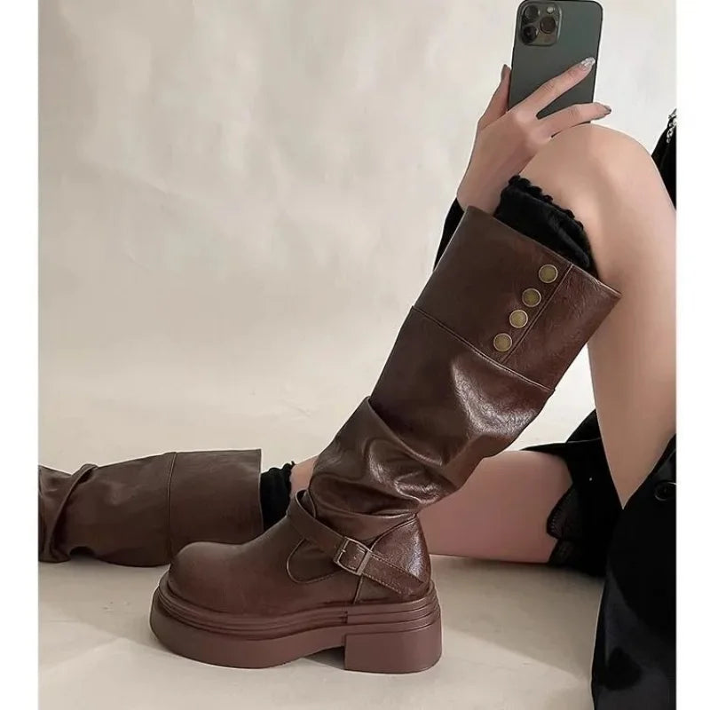 Women's High Knee Boots, Chunky Platform Stacked Rider Boots, Spring/Autumn Two-Way Edgy Fold-Over Cuff Fashion Design LadyShow.Store