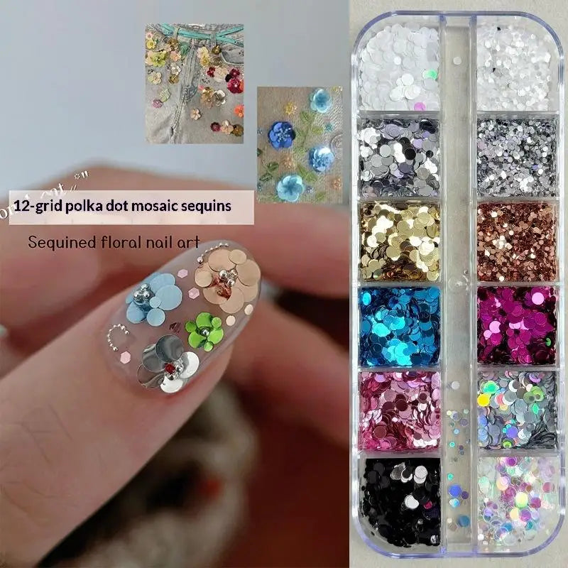 *12 Grids Mixed Mini Circular Colorful Nail Glitter Wave Point Sequin Sparkling Flower DIY Nail Decoration Nail Charms Pi-Mart