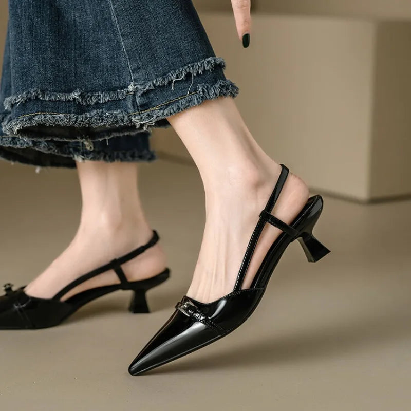 2024 New Summer Women's Dress Shoes Patent Leather Slip on Pointed Toe Sandals Buckle Slingbacks Mid Heels Pumps Sandalias Mujer LadyShow.Store