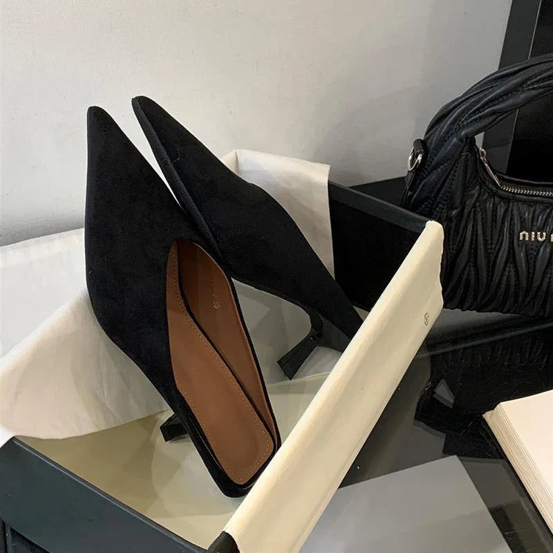 Summer Fashion Thin Mid Heels Women Slippers Elegant Pointed Toe Party Dress Mule Slides Shoes Zapatos Mujer LadyShow.Store