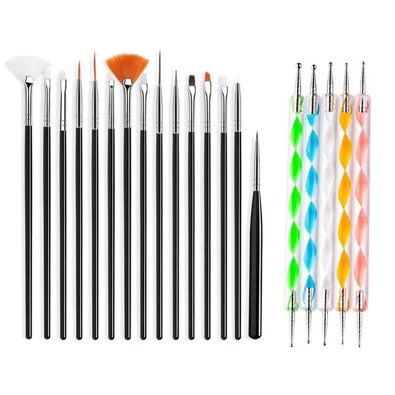 5/20Pcs Nail Art Brush Design Tip Painting Drawing Carving Dotting Pen FlatFan Liner Acrylic Gel UV Polish Manicure Tools Tri Light Beauty