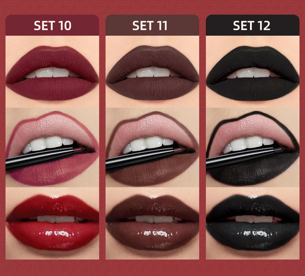 3pcs Matte Liquid Lipstick+Lip Liner Set Lip Glaze Makeup Nude Black Red Velvet Lip Gloss Long Lasting Lip Tint Cosmetics Kits Pi-Mart