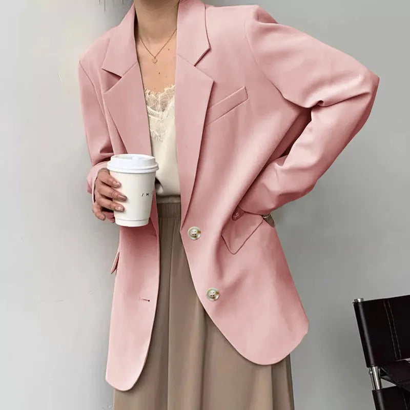 Mid Length Blazer Jacket Women Solid Long Sleeve Pocket Lapel Single Beasted Formal Coat Outerwear Loose Work Casual Blazers Pi-Mart