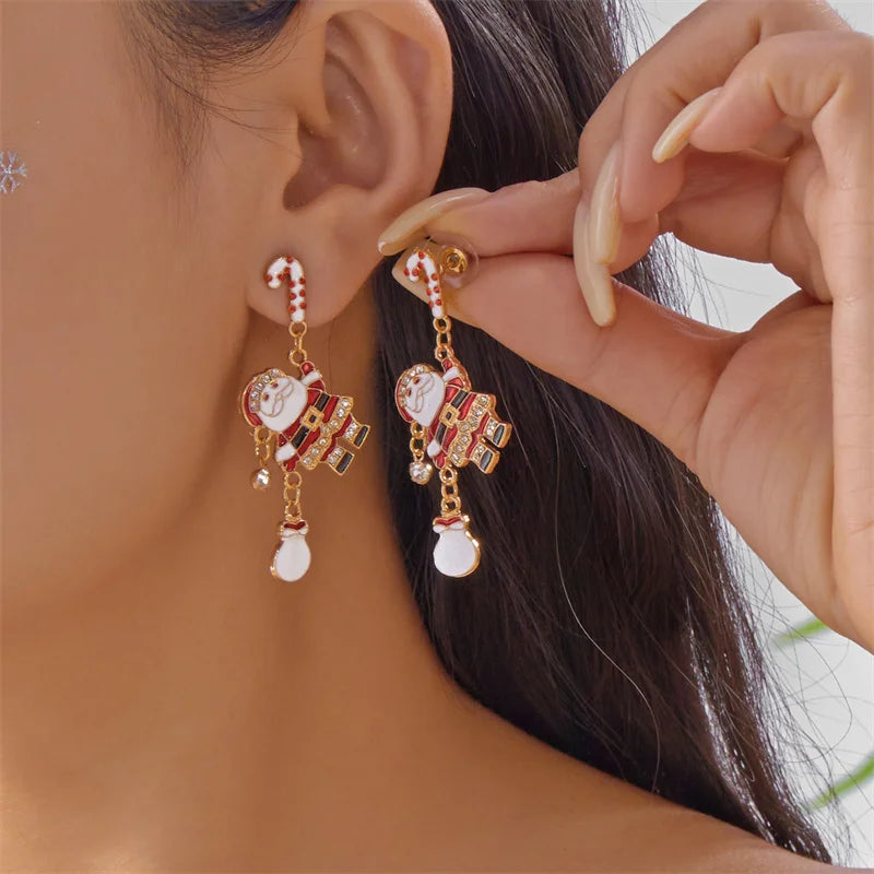 Creative Christmas Grandpa and Grandma Zircon Stud Earrings For Women White Pearl Crystal Snowman Elk Earring New Year Jewelry Pi-Mart