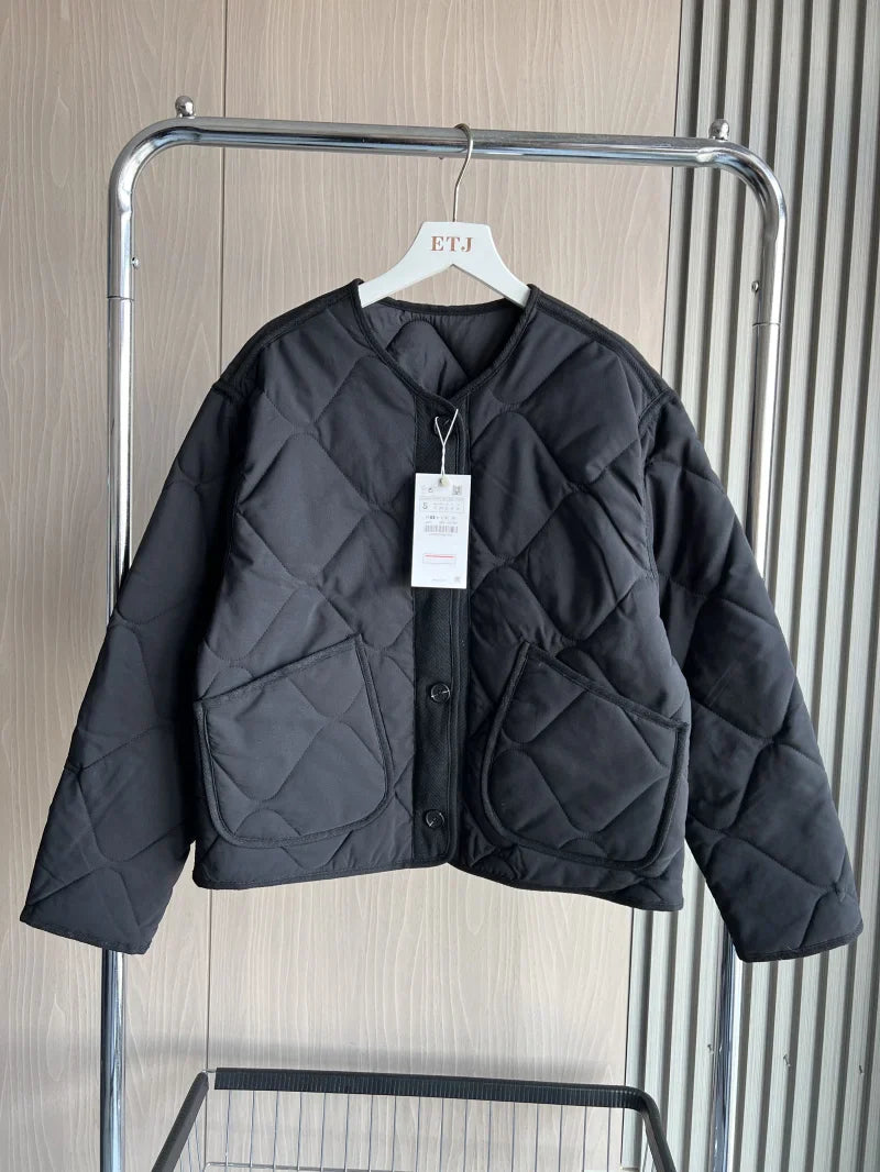 ETJ 2025  Spring new women's vintage crewneck quilted cotton-padded loose version of quilted casual jacket LadyShow.Store