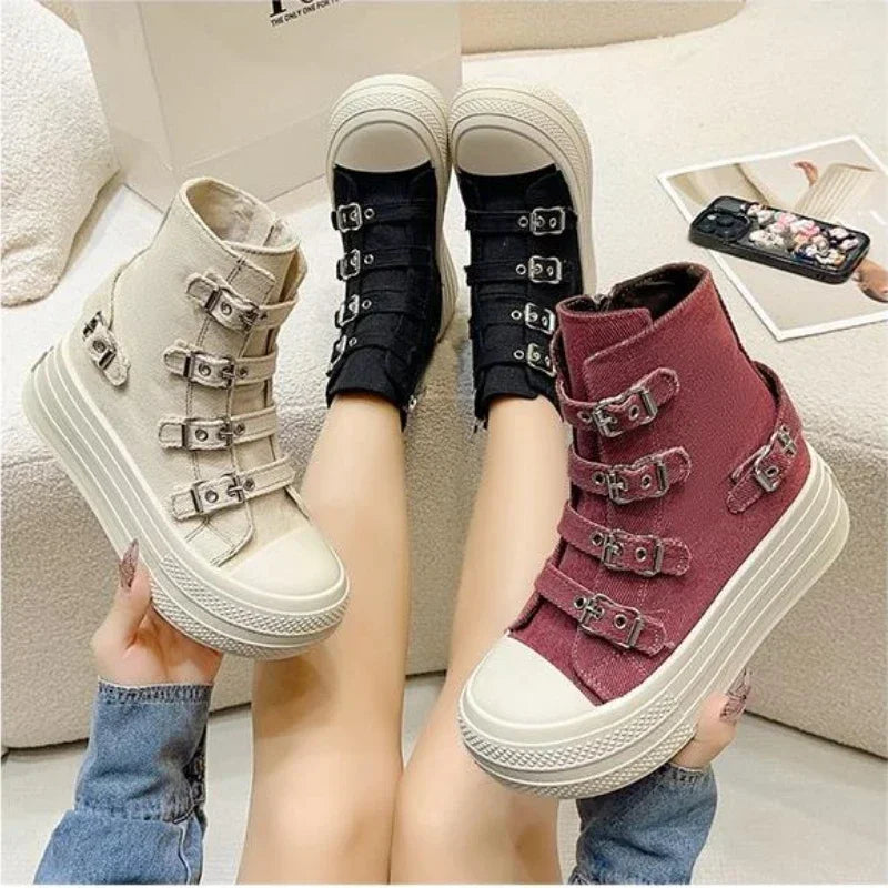 8CM Wedge Heels Sneakers Canvas Shoes Women's 2024 Spring And utumn New Fashion All Casual Thick Ventilate Soled Board Shoes LadyShow.Store