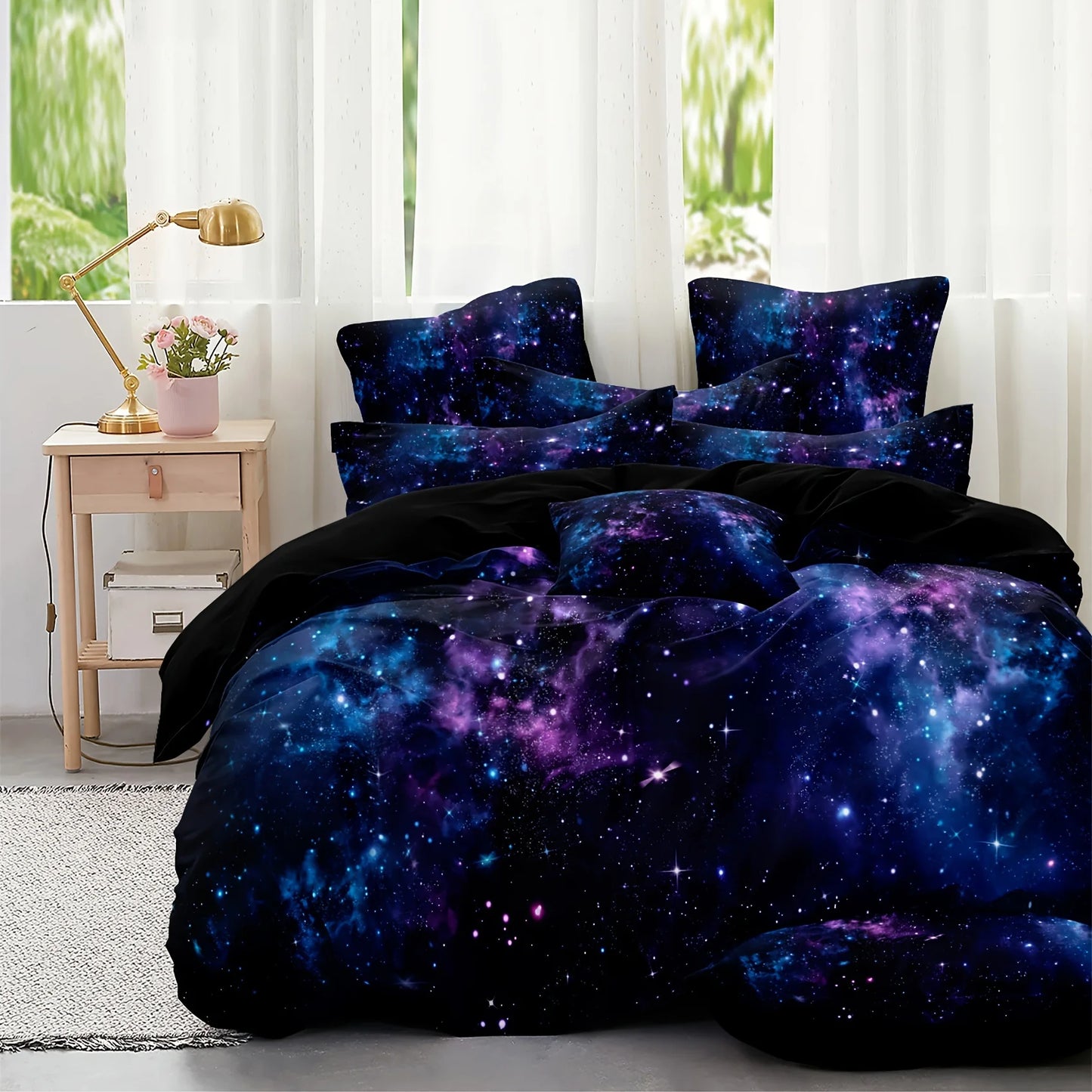 Soft and Comfortable Purple Star Galaxy Print Duvet Cover Set - Washable Microfiber Bedding for Bedroom and Guest Room Pi-Mart