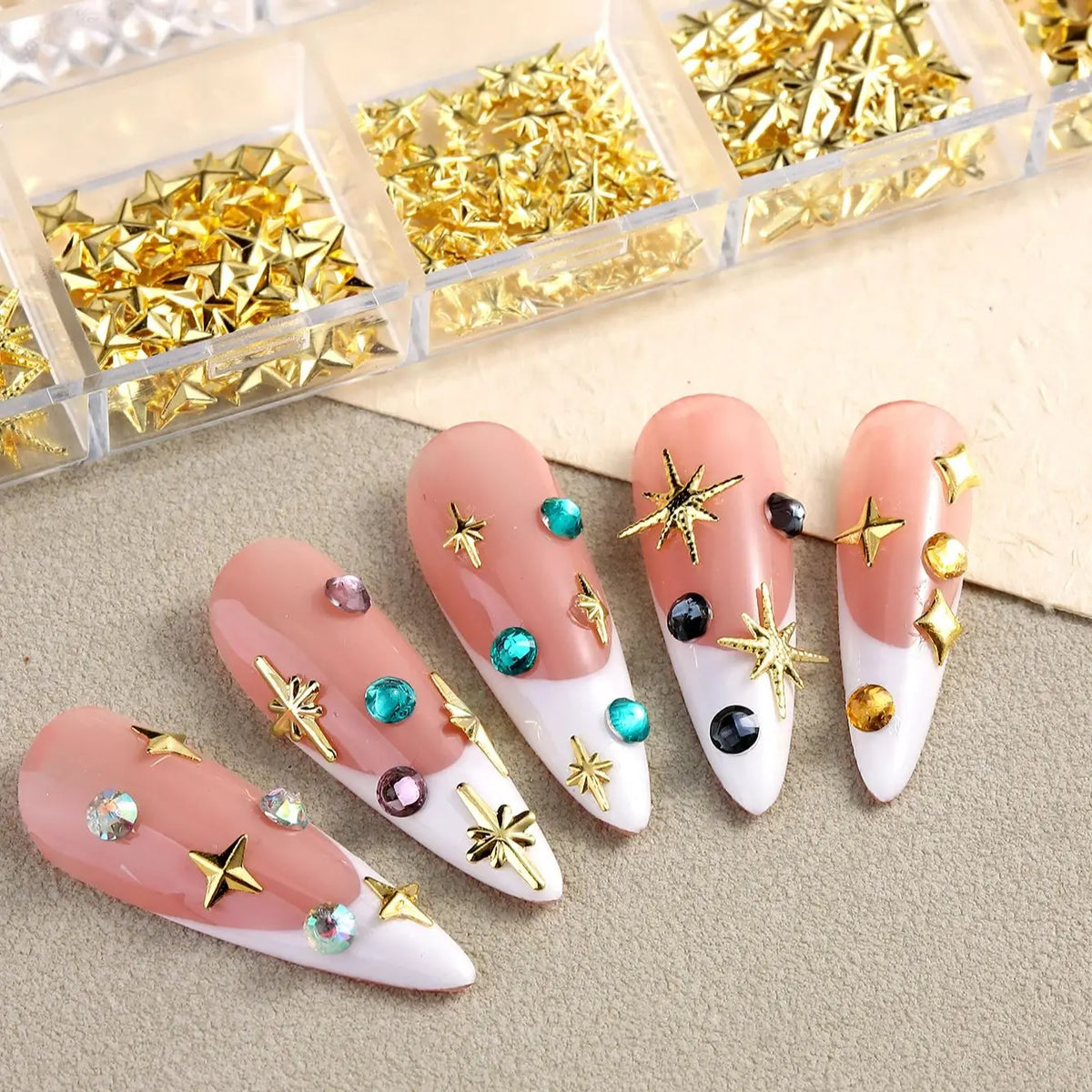 6/12Grids Gold Star Moon Metallic Rivet 3D Nail Charms Alloy Sun Moon Starlight Rhinestones Nail Studs For Nail Art Decoration Pi-Mart